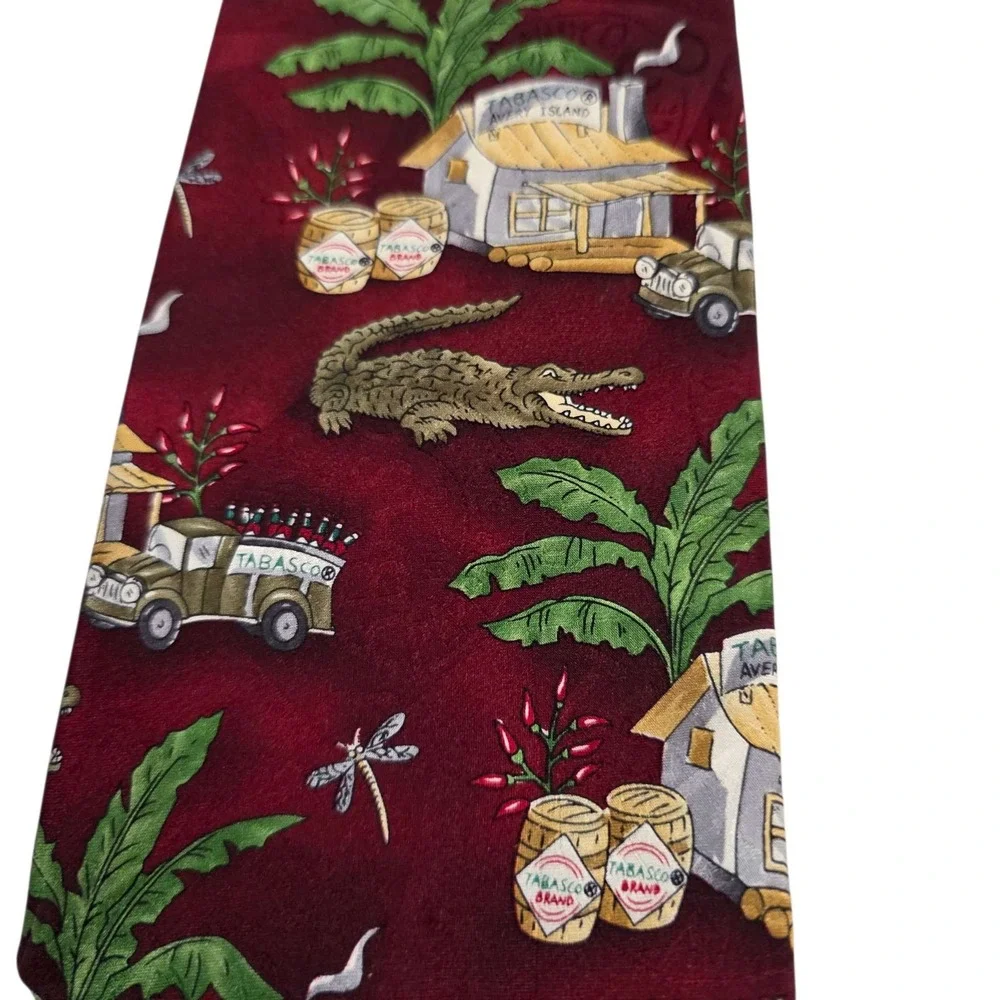 TABASCO Alligator‎ Tropical Scene Silk Necktie Red Burgundy Men's Accessory